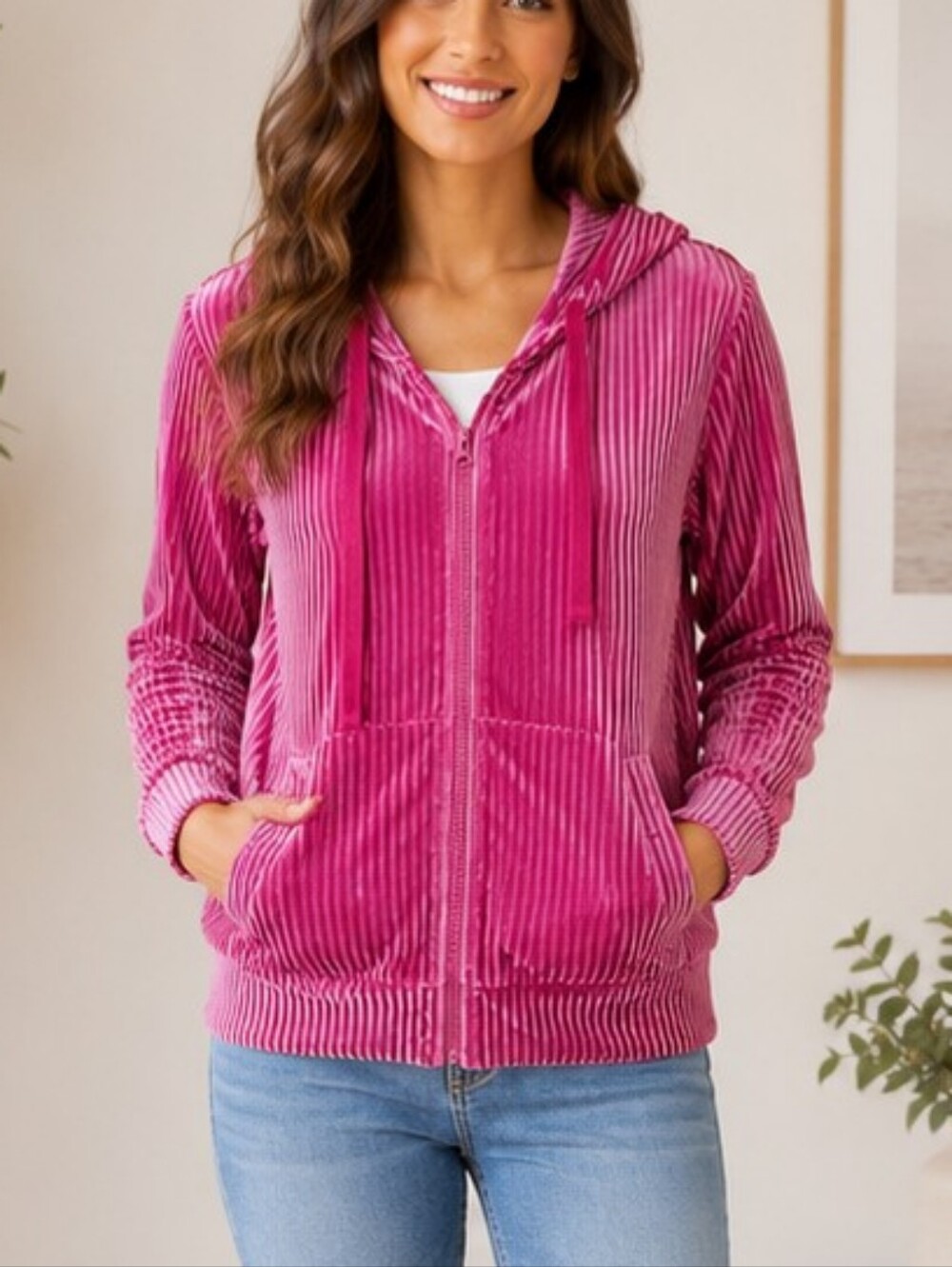 Colsie Women’s Pink Velour Ribbed Zip-Up Hoodie Jacket – Size S